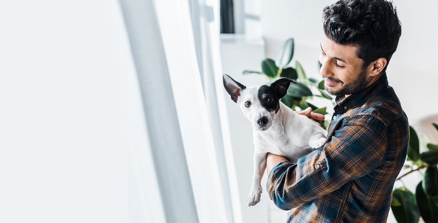 Pet owner embracing dog